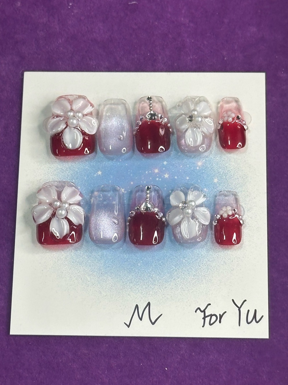 burgundy floral crown press-on nail set, size M 🐥